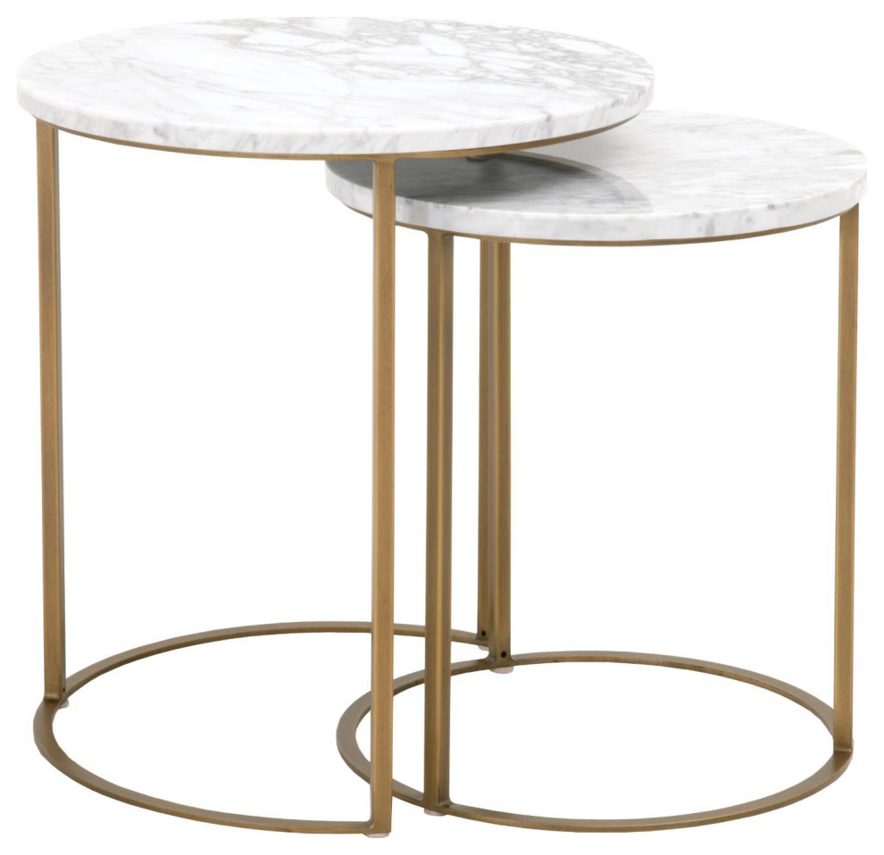 Carrera Round Nesting Accent Table White Carrera Marble  Brushed Gold   Contemporary   Coffee Table Sets   by Sideboards and Things  Houzz