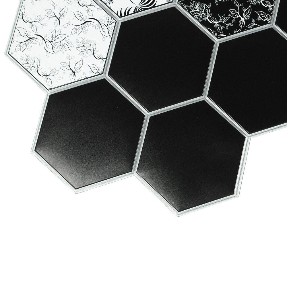 Dundee Deco 3D Falkirk Retro 101000 in. x 38 in. x 19 in. Black and White Hexagon Floral Mosaic PVC Wall Panel TP10018765