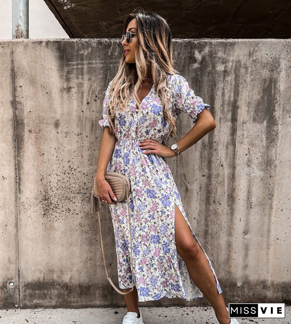 Women Summer Fashion V Neck Short Sleeve Print Long Dress Beach Boho Dress Split Ladies Dress