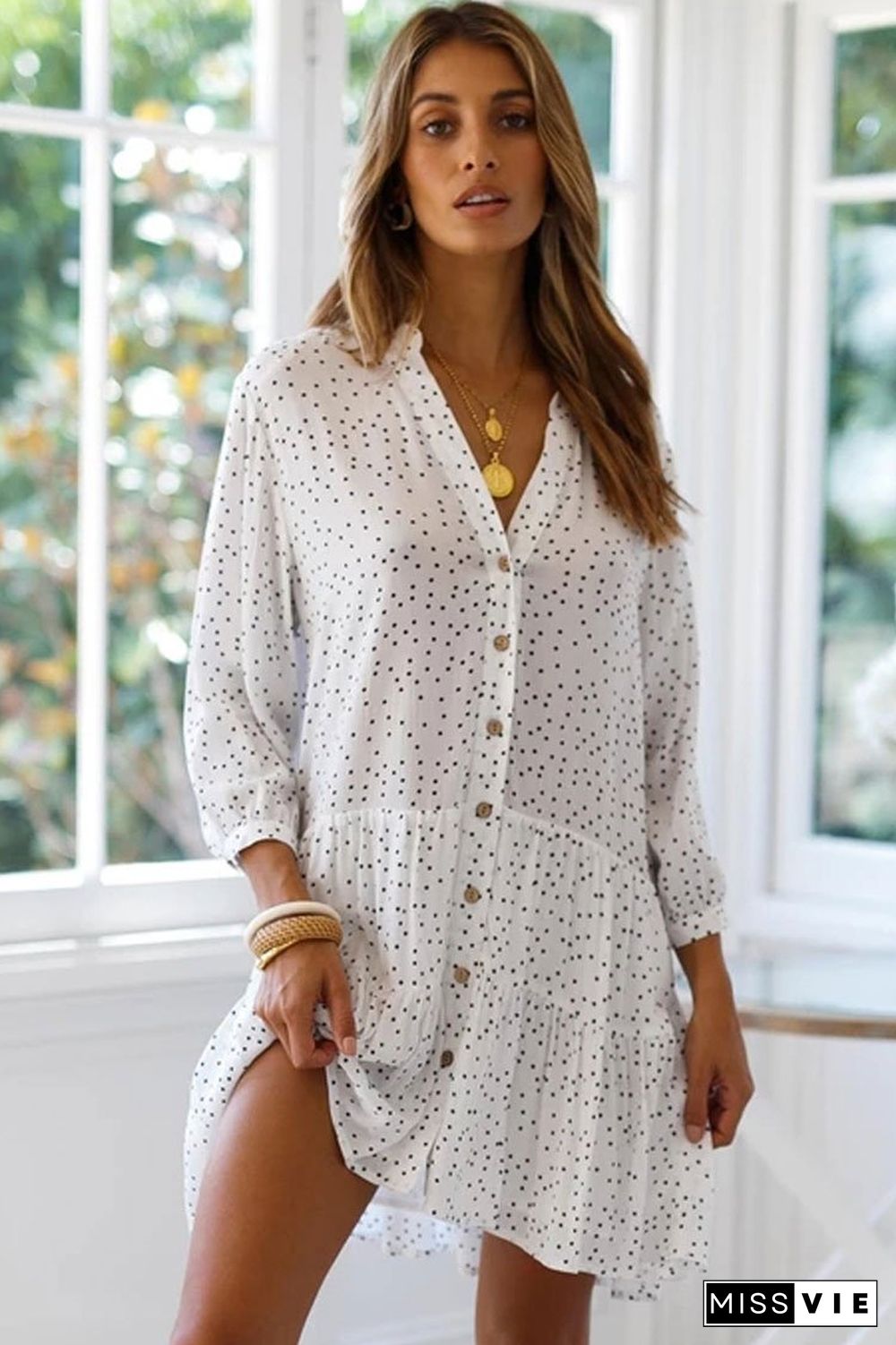 Casual Polka Dot Asymmetric Beach Shirt Dress