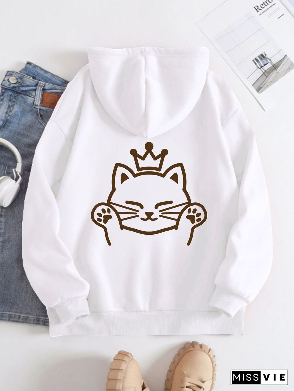 Printed on the Back Kangaroo Pocket Hoodie Long Sleeve for Women Pattern Cat wearing a crown