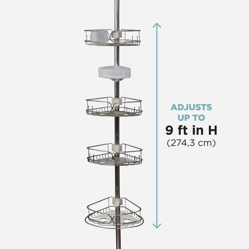 Zenna Home Rustproof Tension Pole Shower Caddy with 4 Baskets in Stainless Steel E2181STL