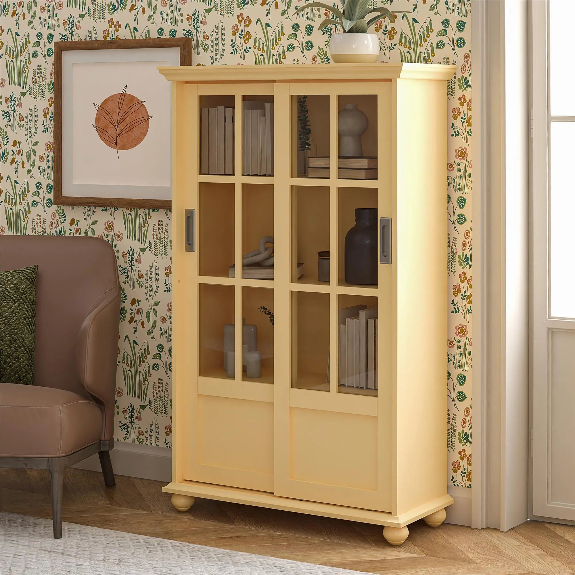 Aaron Lane Yellow Bookcase with Sliding Glass Doors