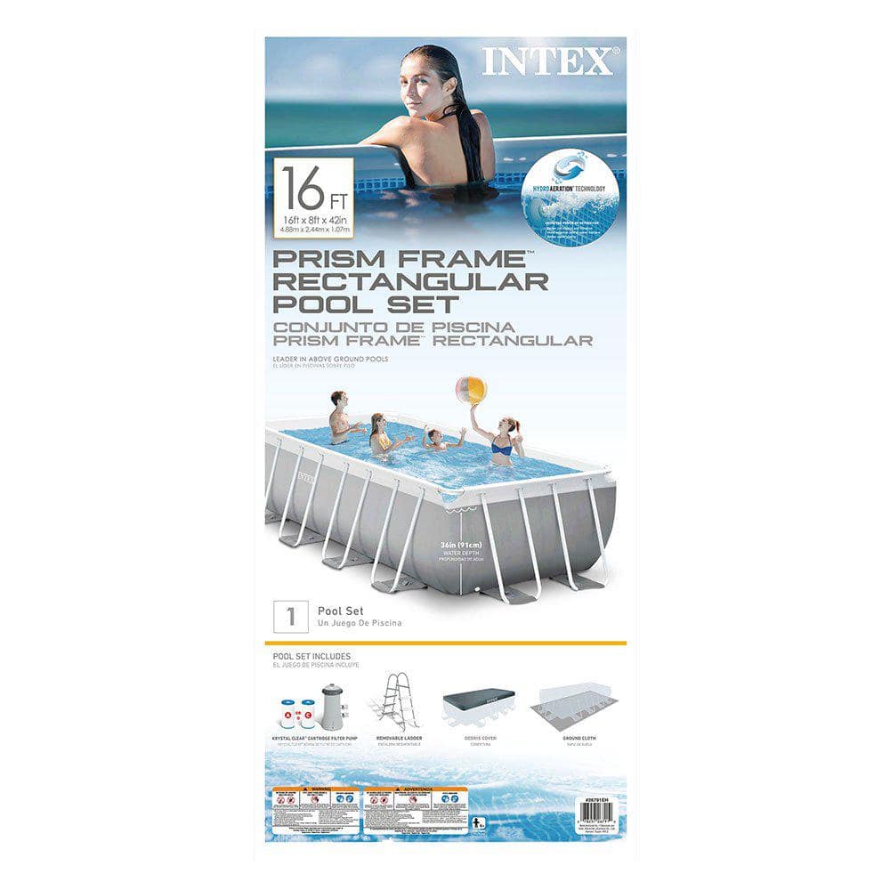 Intex 16 ft. x 3.5 ft. Rectangle Metal Frame Pool Above Ground Swimming Pool Set with Vacuum Skimmer and Pole 26791EH + 28002E