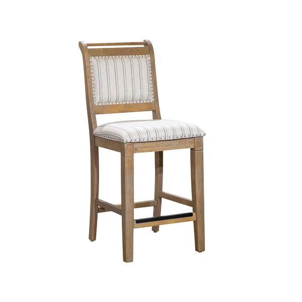 Counter Dining Chair， Rustic Gray Finish， Gray Stripe Fabric Seat