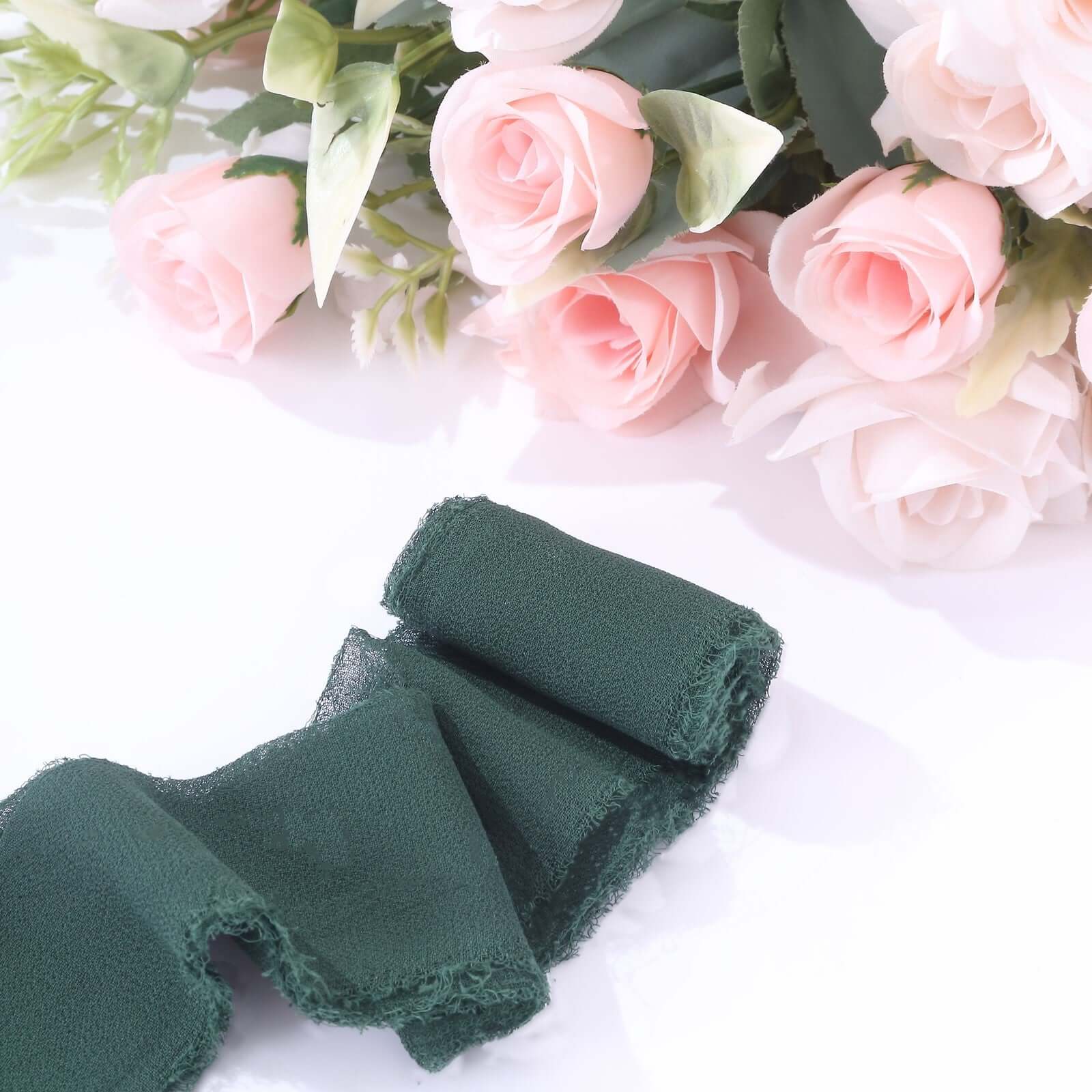 2 Pack Hunter Emerald Green Silk-Like Chiffon Linen Ribbon Roll For Bouquets, Wedding Invitations Gift Wrapping 6yd