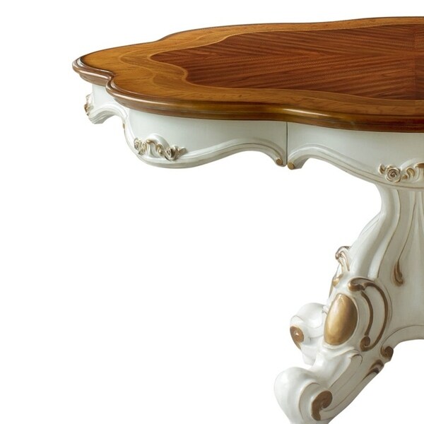 Wooden Top Dining Table with Pedestal Feet， Antique Pearl and Cherry Oak