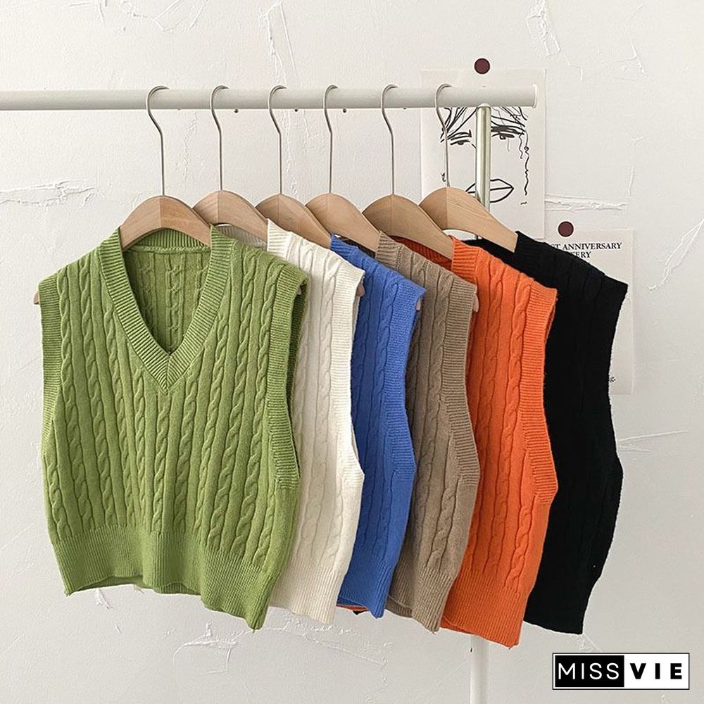 Oversized Cable Knit V Neck Knitted Tank Top Sweater