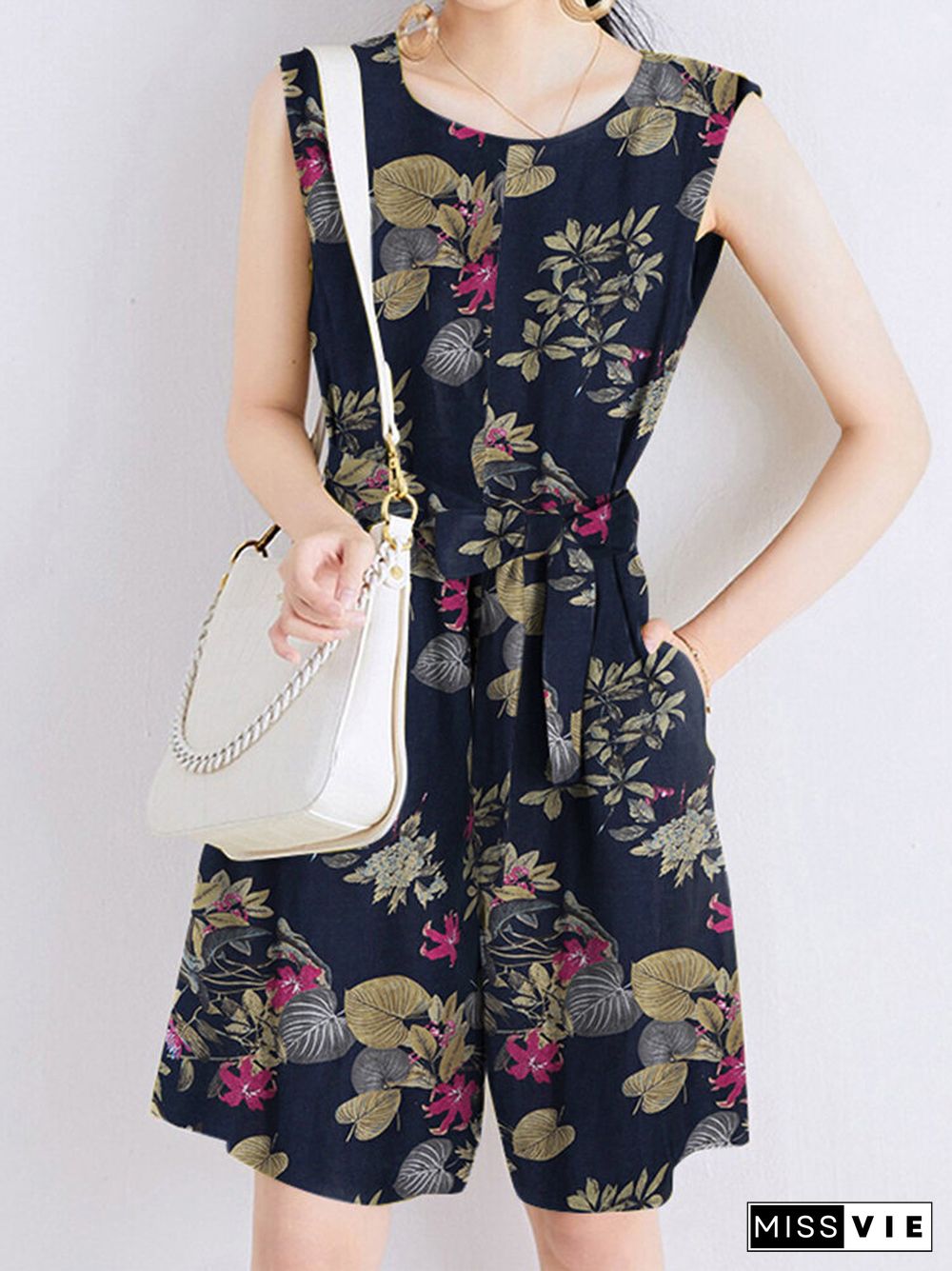 Random Flower Print Pocket Sleeveless Belt Wide Leg Romper