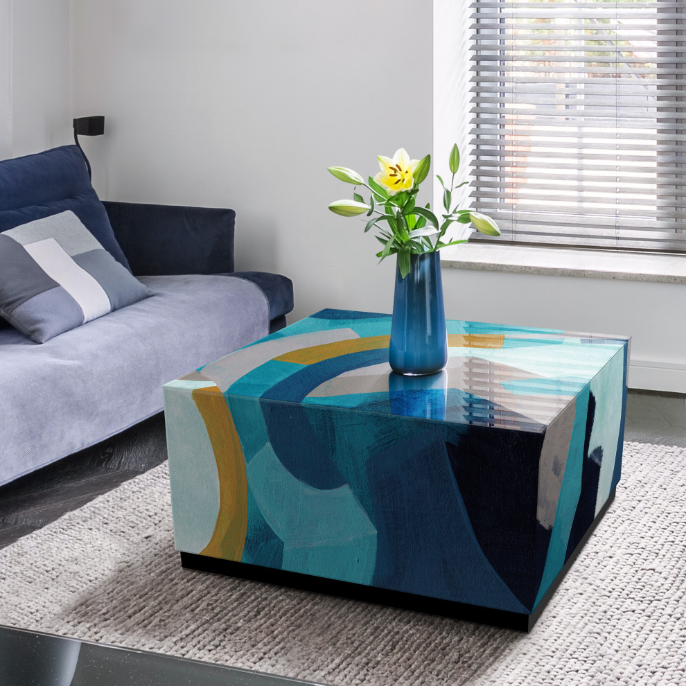 quotPuzzle Blues I quotReverse Printed Art Glass Cocktail Table with Black Plinth Base   Contemporary   Coffee Tables   by Empire Art Direct  Houzz