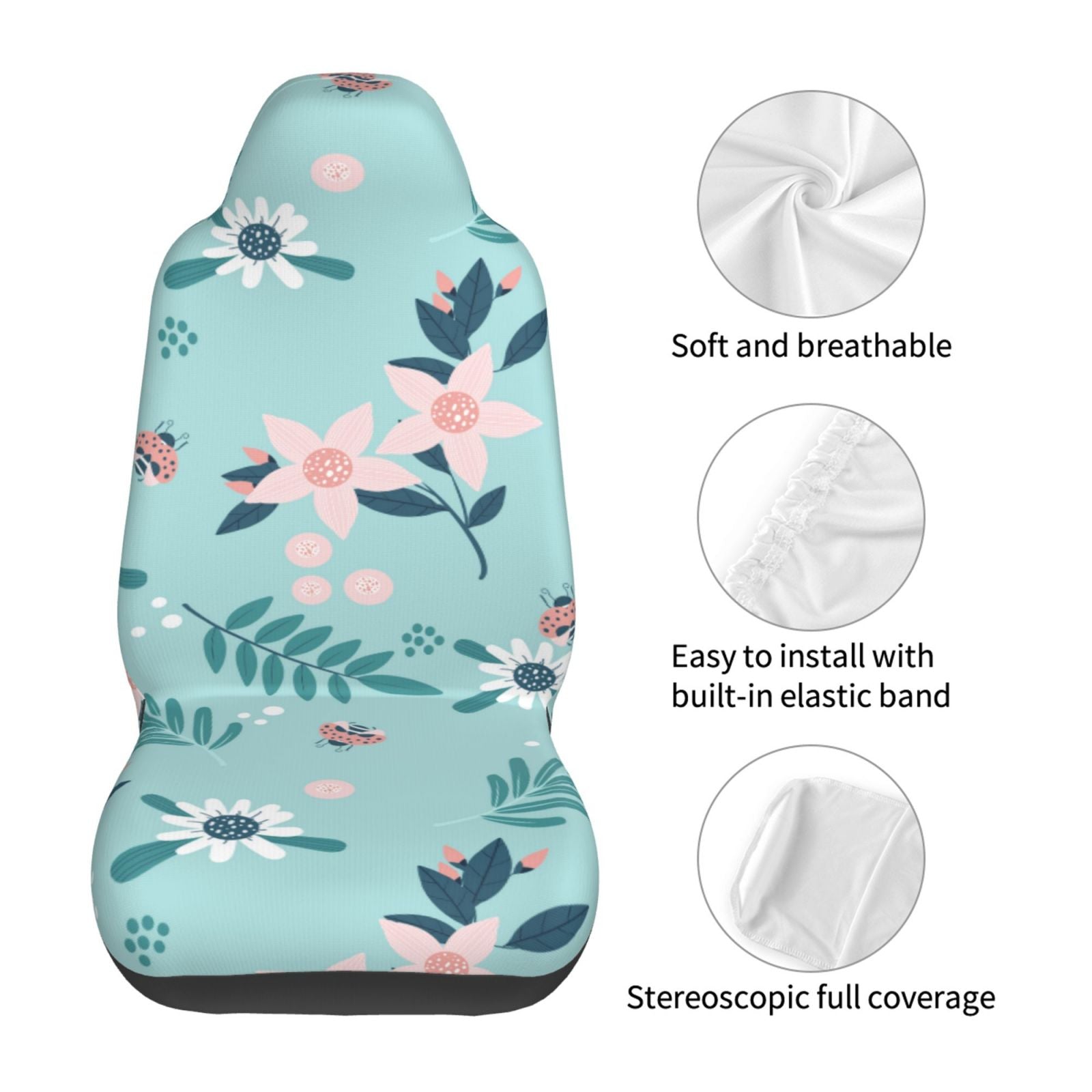 TEQUAN Front Seat Covers， Blue Ladybugs Flowers Insects Pattern 2 Piece Car Seat Cover Fit Most Car SUV Truck Van