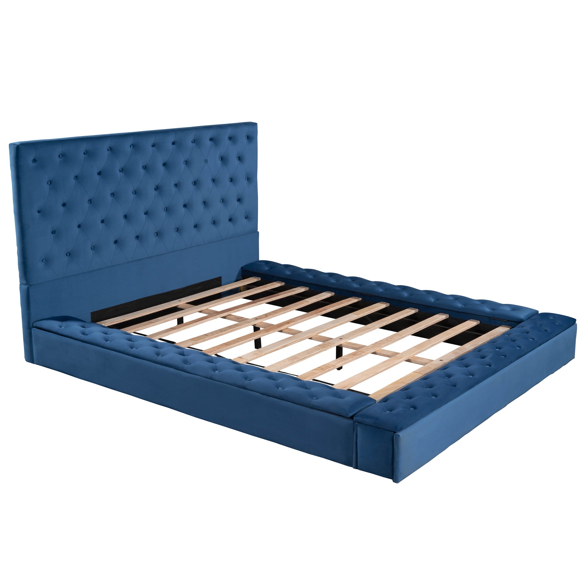 EUROCO Tufted Upholstery Platform Bed with Storage Compartments, Full for Kids Bedroom, Blue