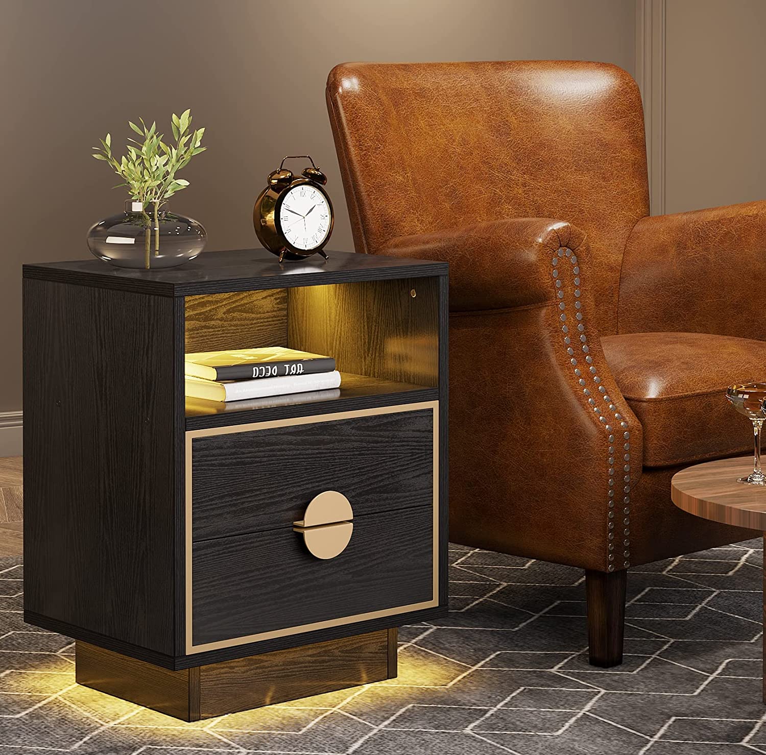 Tribesigns Led Sofa End Tables with 2 Drawers, Wood Bedside Table, Nightstand with LED Lights, Black