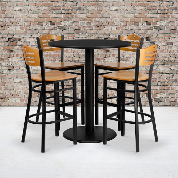 Clark 36'' Round Black Laminate Table Set with 4 Wood Slat Back Metal Barstools - Natural Wood Seat