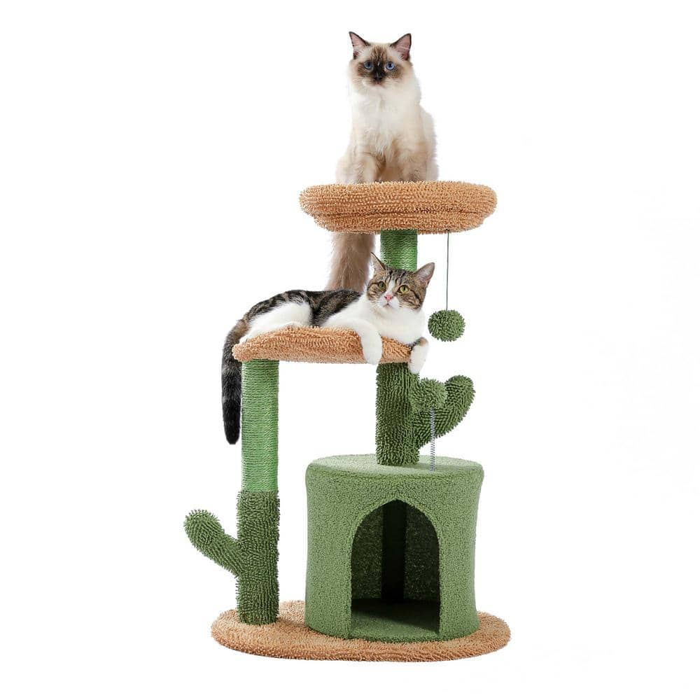 Foobrues 32.9 in. H Cactus Cat Tower with Sisal Covered Scratching Post, Cozy Condo, Plush Perches and Fluffy Balls PSL-23170833