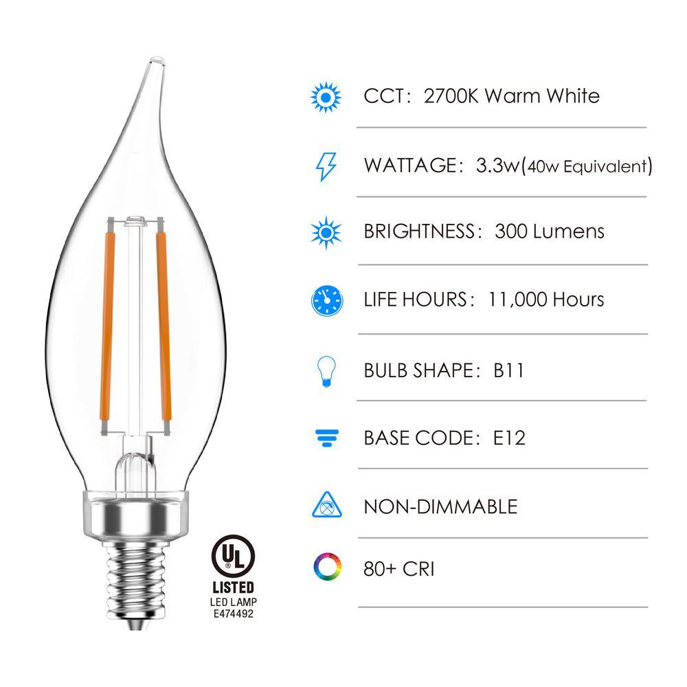 PRIVATE BRAND UNBRANDED 40-Watt Equivalent B11 Non-Dimmable Clear Glass Filament Vintage Edison LED Light Bulb Soft White 2700K (8-Pack) CF352C