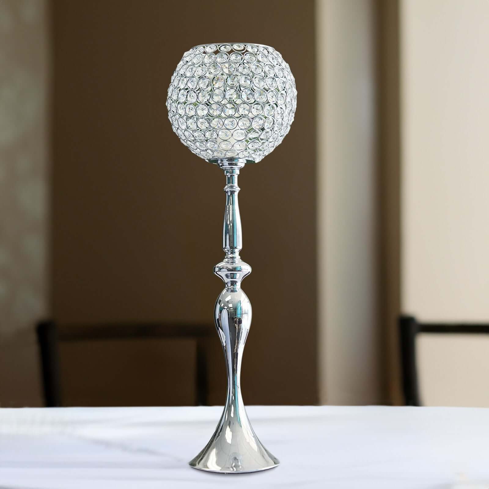 Silver Metal Acrylic Crystal Goblet Candle Holder, Flower Ball Stand 30