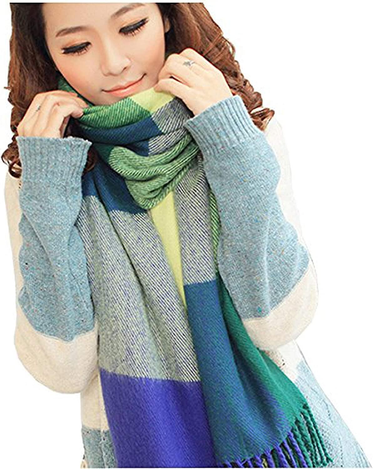 Women's Fashion Long Shawl Big Grid Winter Warm Lattice Large Scarf Green -