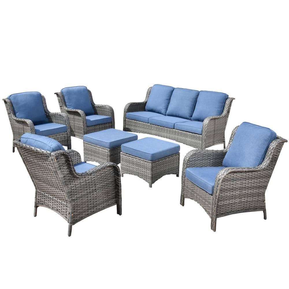 XIZZI Erie Lake Gray 7-Piece Wicker Outdoor Patio Conversation Seating Sofa Set with Denim Blue Cushions ZGNTC307DB