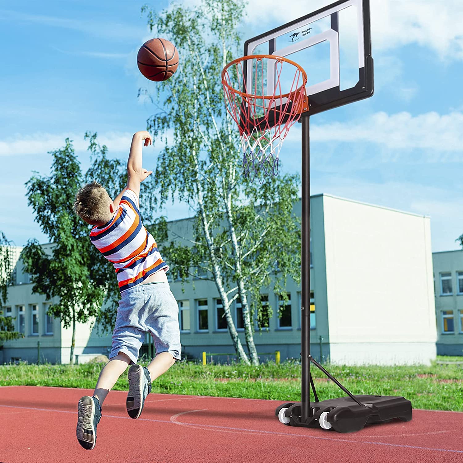 Kangaroo Hoppers 5FT- 6.8FT Height Adjustable Portable Basketball Hoop for Kids， Basketball System with Wheels for Indoor and Outdoor