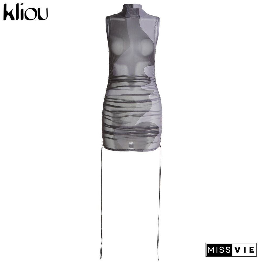 Kliou Midnight Partywear Women Sexy See Through Contrast Patchwork Mini Dress Chic Bodycon Sleeveless Undefined Streetwear