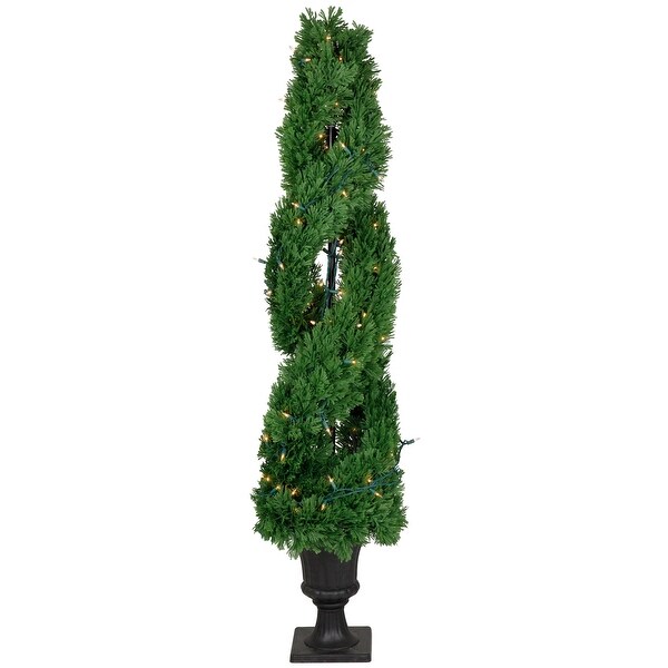 4.5' Artificial Cedar Double Spiral Topiary Tree Urn Pot Clear Lights