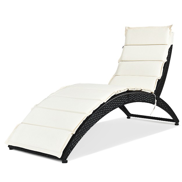 Costway Folding Patio Rattan Lounge Chair Chaise Cushioned Portable Garden Lawn Black