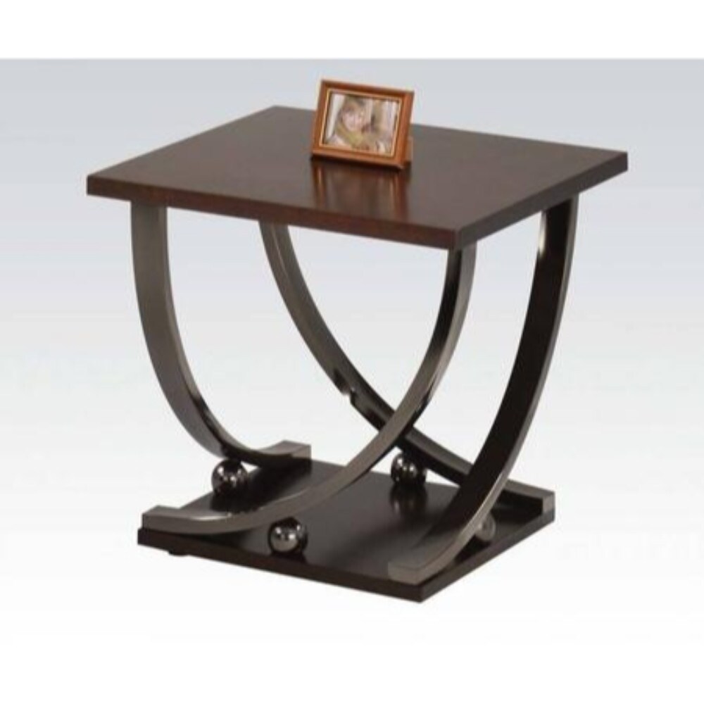 Wood and Metal End Table with Sweeping Legs， Dark Walnut Brown and Black