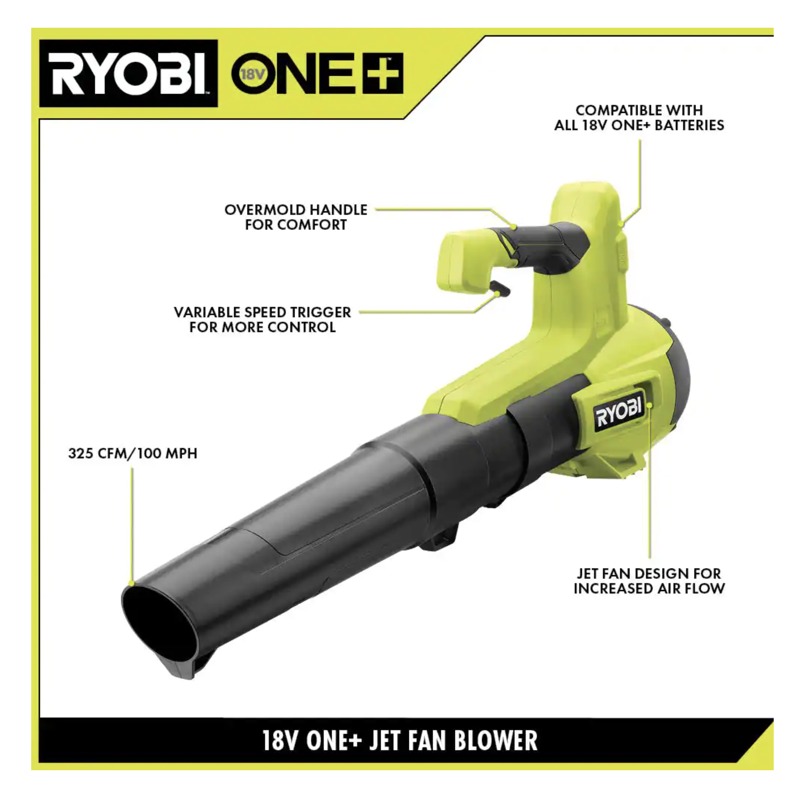 Ryobi ONE+ 18V 100 MPH 325 CFM Cordless Battery Variable Speed Jet Fan Leaf Blower (Tool Only)