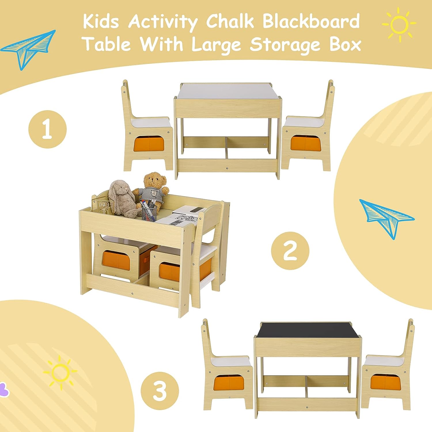 Kids Table and Chairs Set with Storage Drawers, Drawing Black Board Desk