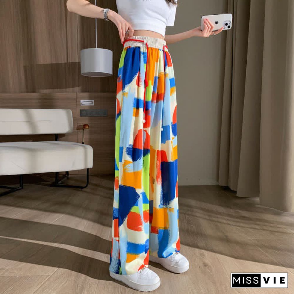 Colorblock High Waist Wide Leg Casual Pants