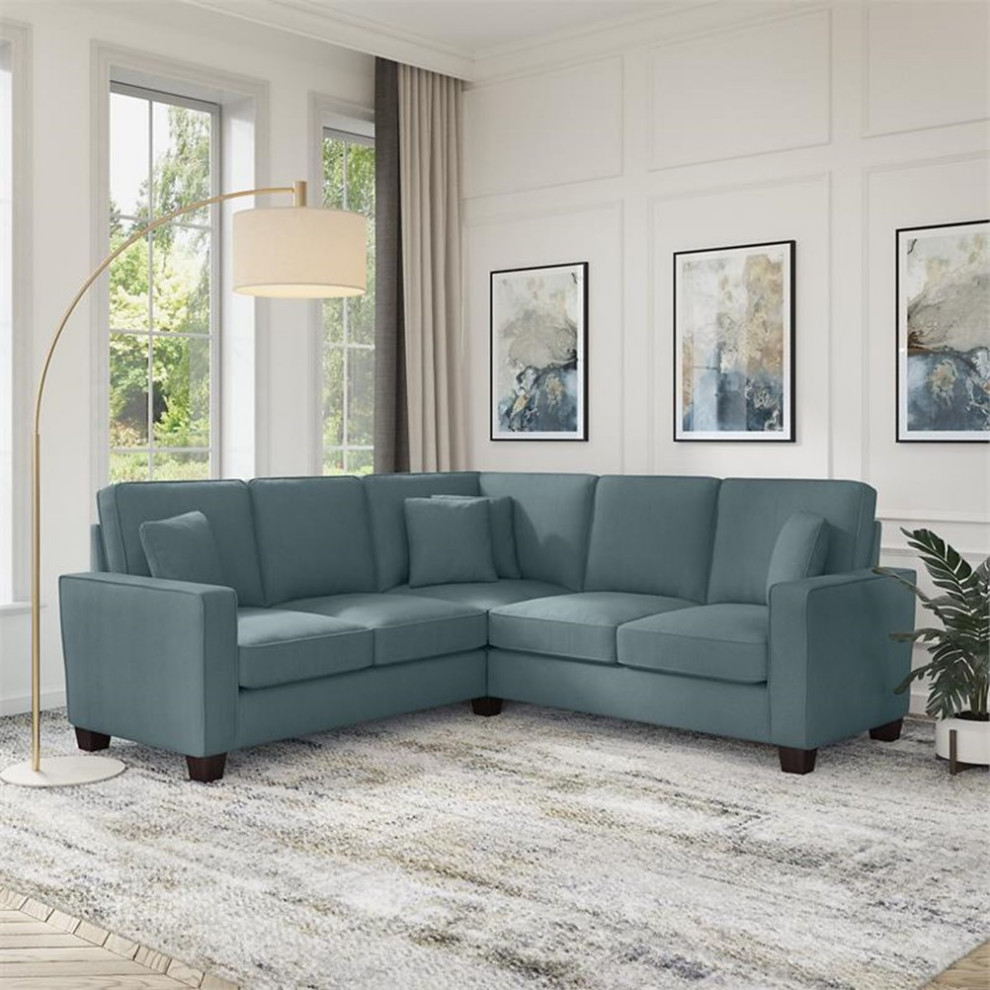 Pemberly Row 86W L Shaped Sectional Couch in Turkish Blue Herringbone Fabric   Transitional   Sectional Sofas   by Homesquare  Houzz