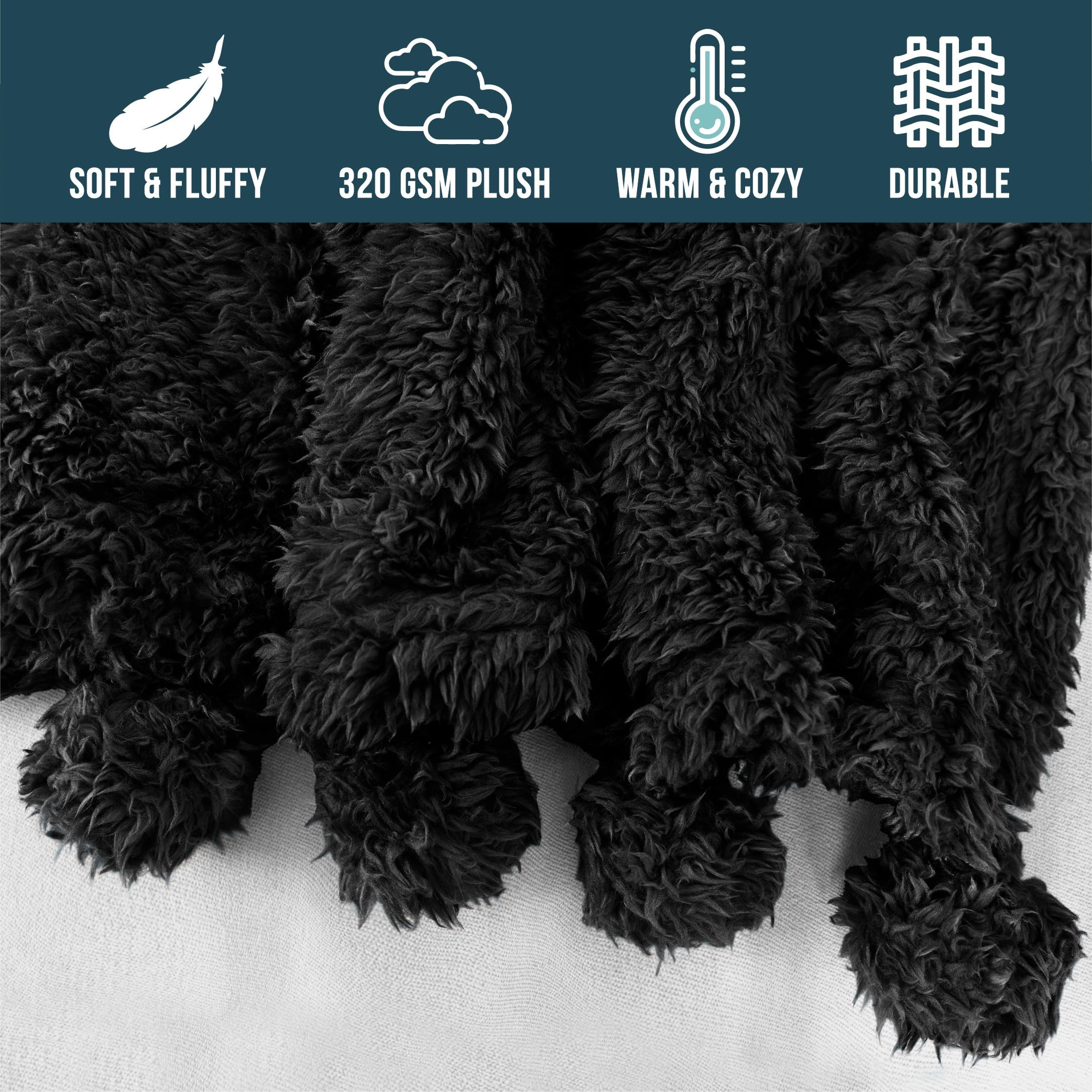 PAVILIA Black Sherpa Throw Blanket for Couch， Pom Pom | Fluffy Plush Soft Blanket for Sofa Bed | Shaggy Warm Fuzzy Fleece Blanket | Cozy Decorative Black Pompom Throw， 50x60