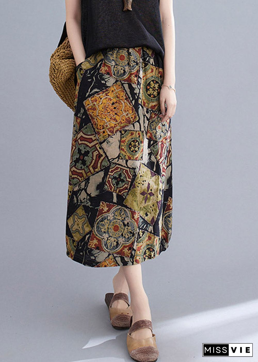 Stylish Black Apricot Print Cotton Long Skirts Summer