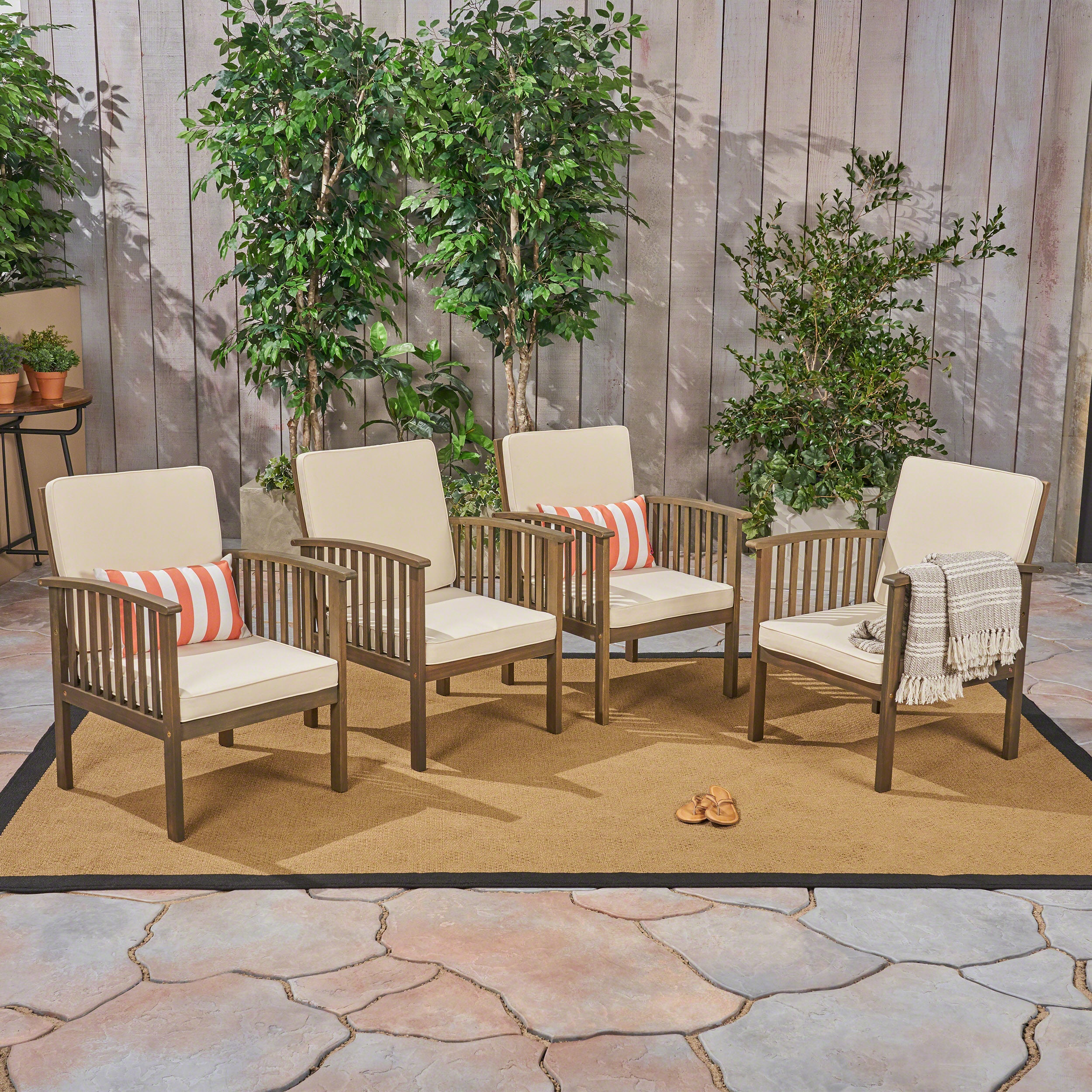 Ray Acacia Outdoor Acacia Wood Club Chairs w/ Cushions