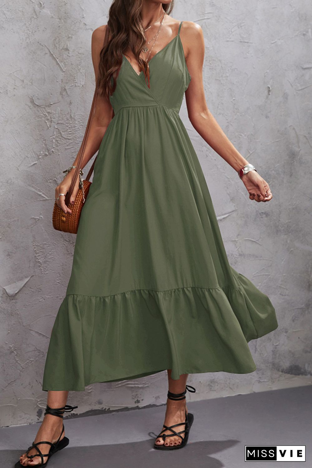 Plain Spaghetti Splicing Smocked Maxi Dress