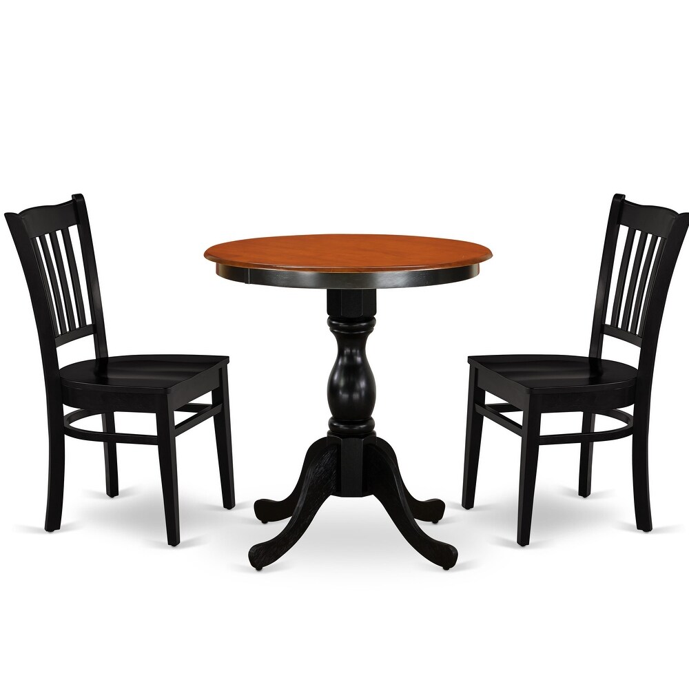 East West Furniture 3 Piece Dining Furniture Set  a Round Dining Table with Pedestal and 2 Wood Seat Chairs  Black   Cherry