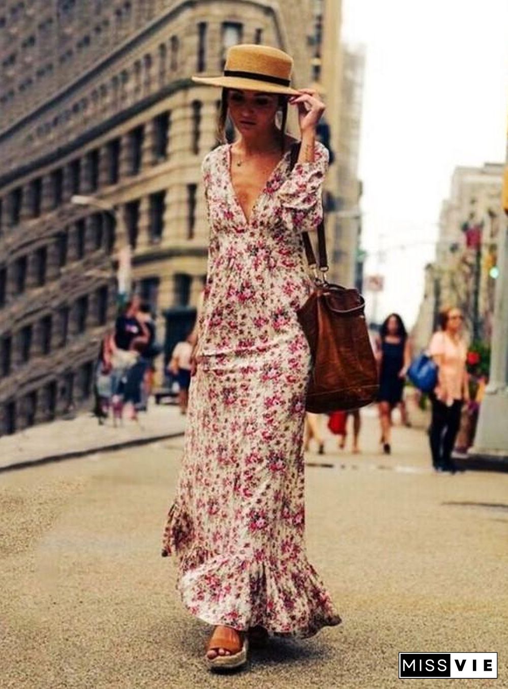 Women Floral V Neck Maxi Long Bohemian Dress Long Sleeve Beach Party Dresses