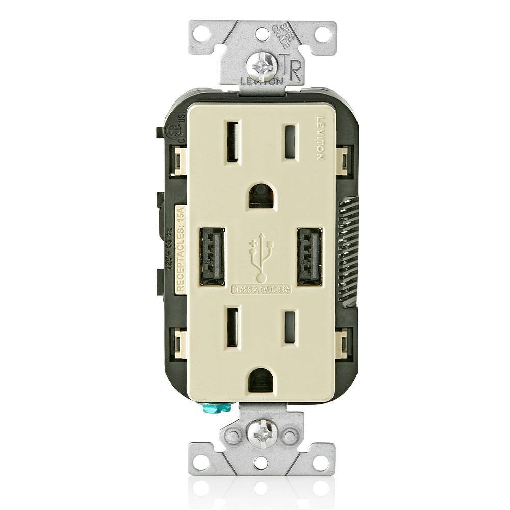 Leviton 3.6A USB Dual Type A In-Wall Charger with 15 Amp Tamper-Resistant Outlets Ivory R01-T5632-0BI