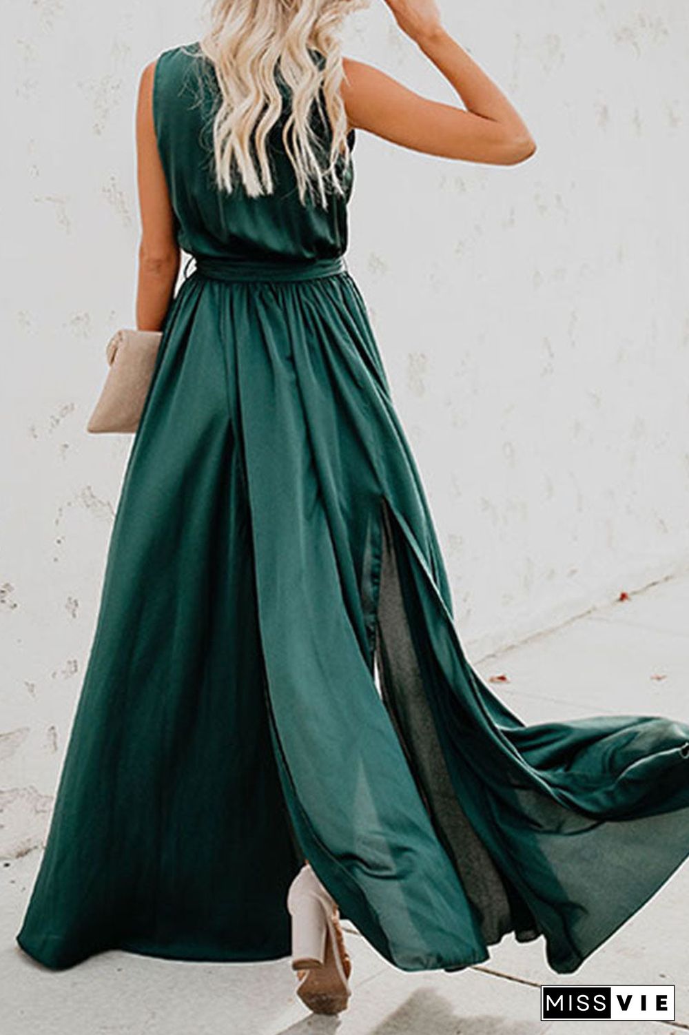 Fashion Street Solid Slit V Neck Waist Skirt Dresses