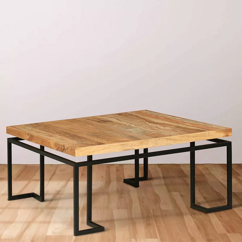 Square Coffee Table with Wooden Top and Geometric Frame， Brown and Black