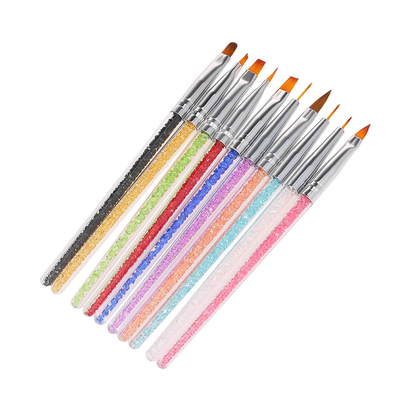 10pcs Acrylic Nail Brushes Professional Nail Tools Uv Gel 3d Nail Art Design Painting Drawing Liner Pen Set With Acrylic Rhinestone Handle