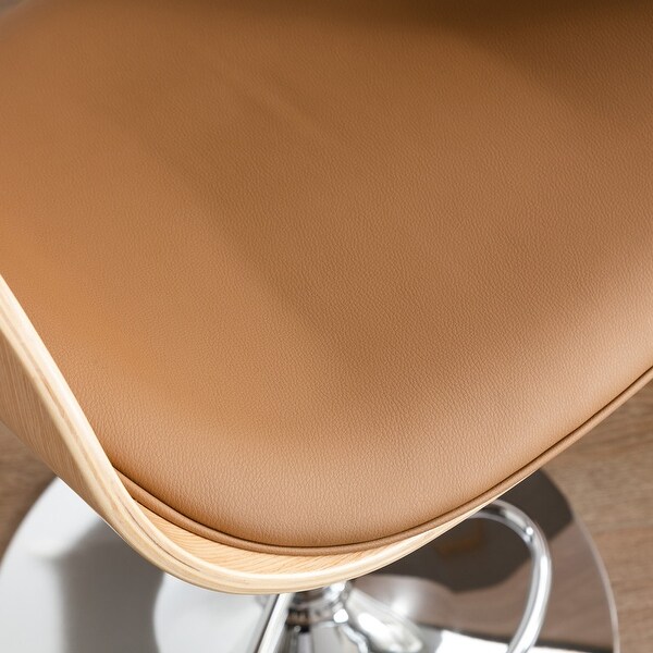 Adjustable Swivel Bar Stool， PU Leather Brown Wood Bar Chair