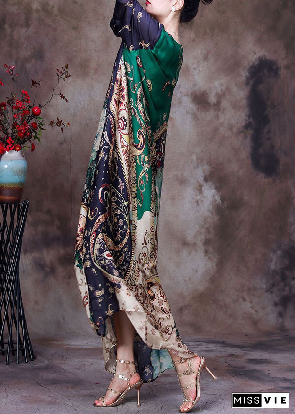 Green Print Silk Long Dresses Asymmetrical Deaign Half Sleeve