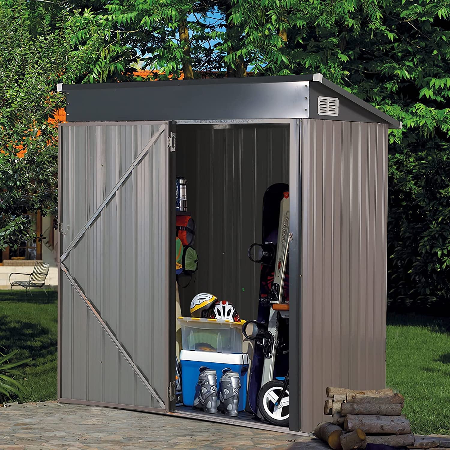 COBANA 5’ x 3’ Outdoor Storage She, Metal Garden Shed with Lockable Door for Tool, Bike, Lawn Mower, Backyard, Patio, Taupe