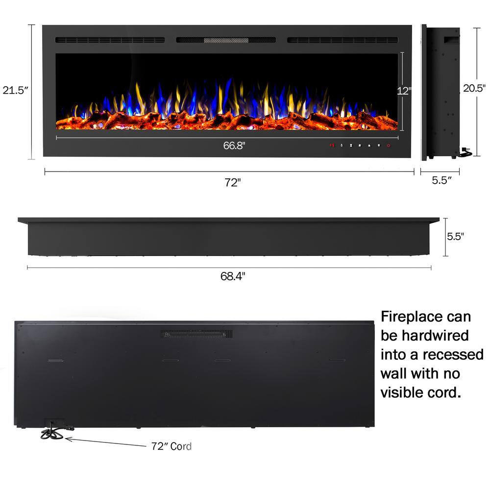 72 inch Electric Fireplace- Wall Mount or Recessed-3 Color LED Flame 10 Ember Bed Colors 3 Media-Touch Screen  Remote 415726NLV