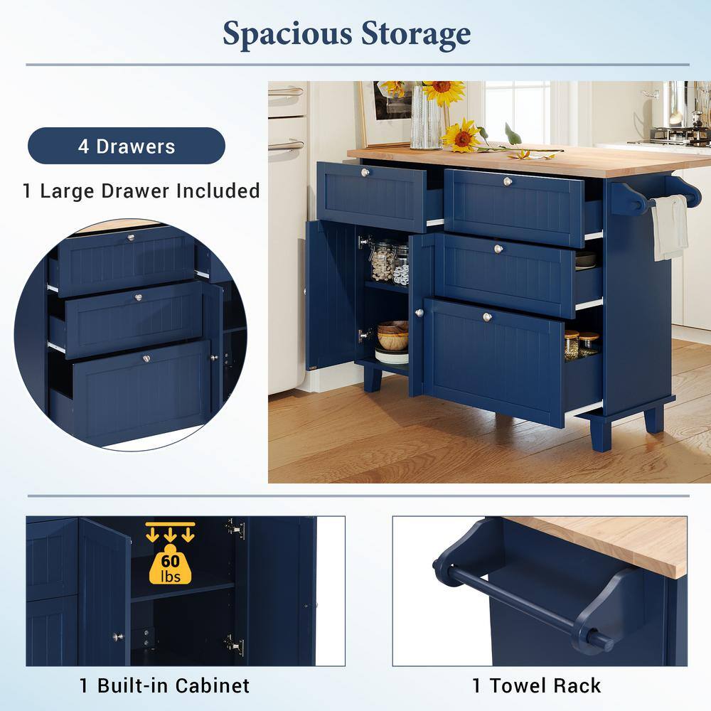 Blue Wood 50.3 in. Kitchen Island Set with Drop Leaf and 2-Seatings Dining Table Set with Storage Cabinet Drawers LH-649