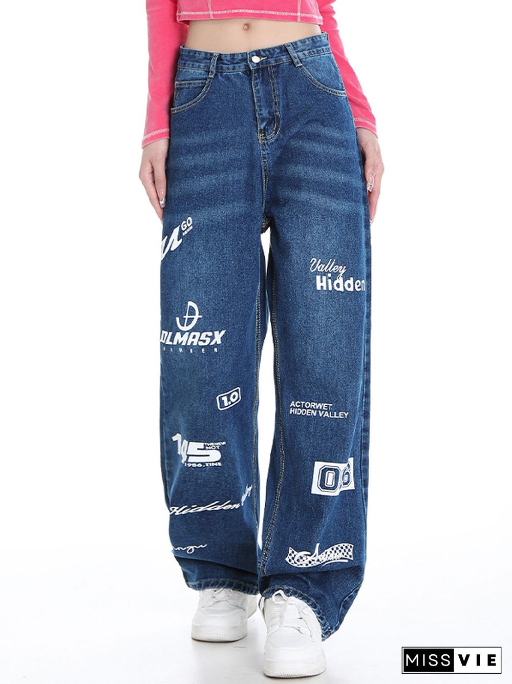 Vintage Letter Print High Rise Boyfriend Jeans