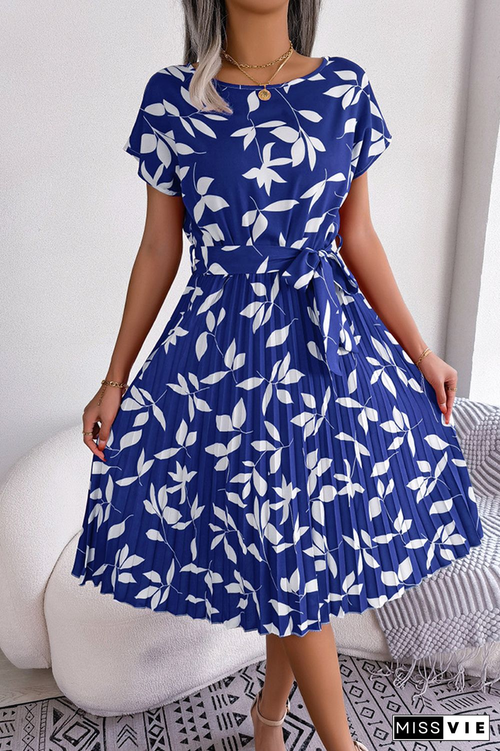 Leaf Print Pleated Midi Dress With Sash