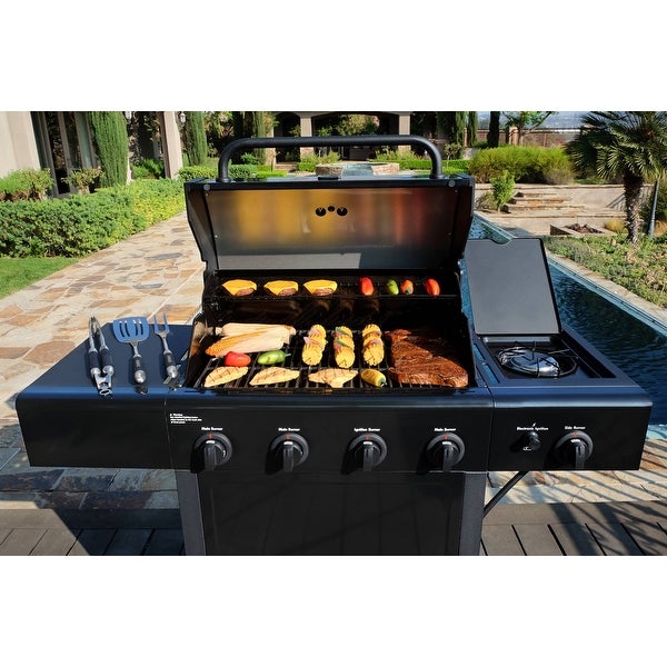 4-Burner Outdoor Propane Gas Grill with Side Burner， Open Cart， Stainless Steel